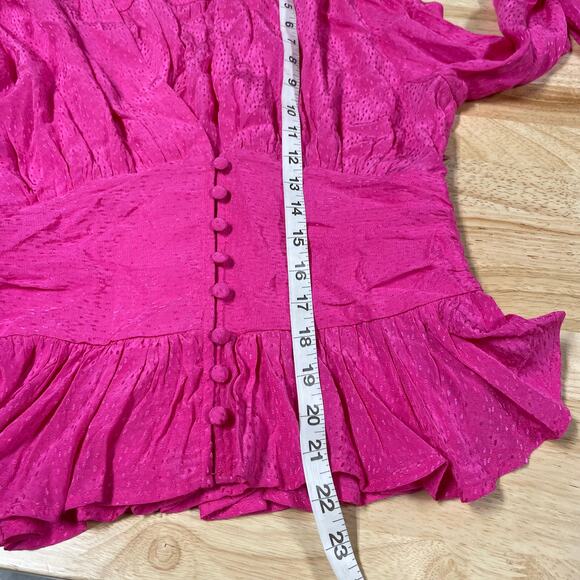 Rotate Birger Christensen NWT Tracy Peplum Top Size 4 Barbie Pink Ruched V-Neck - Picture 12 of 16